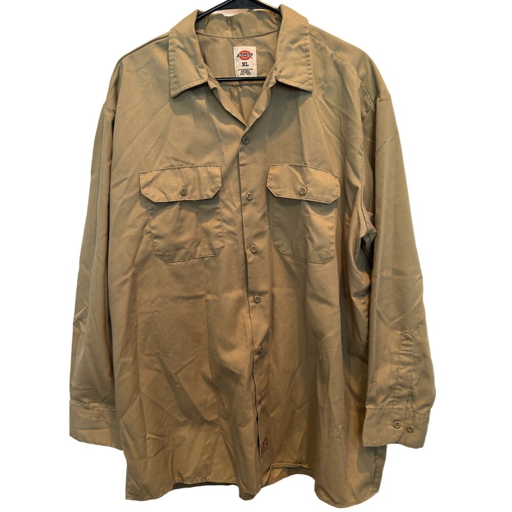 Dickies Work Shirt XL Mens Khaki Tan Long Sleeve Button Up Twill Utility